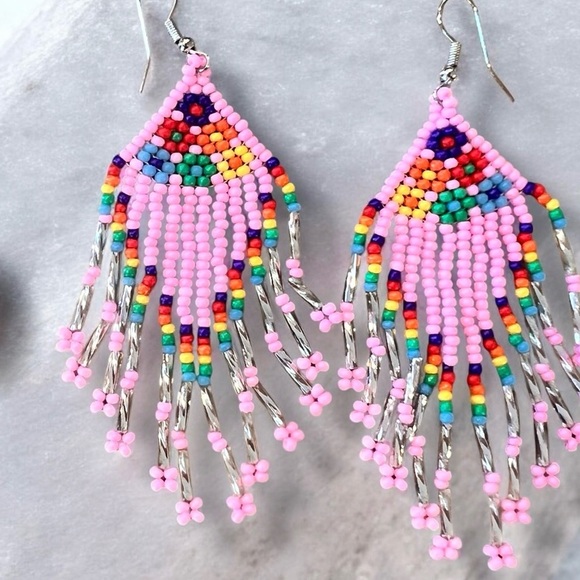 Pink and Silver Beaded Chandelier Earrings Pink Pony Club inspired - Picture 7 of 16